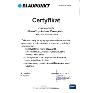 Certyfikat autoryzacji marki Blaupunkt dla KLIMA-TOP 2016
